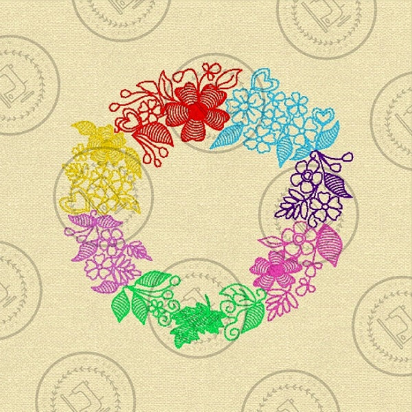 COLOURFUL FLORAL WREATH Machine Embroidery Design - CFW24s 4 x 4