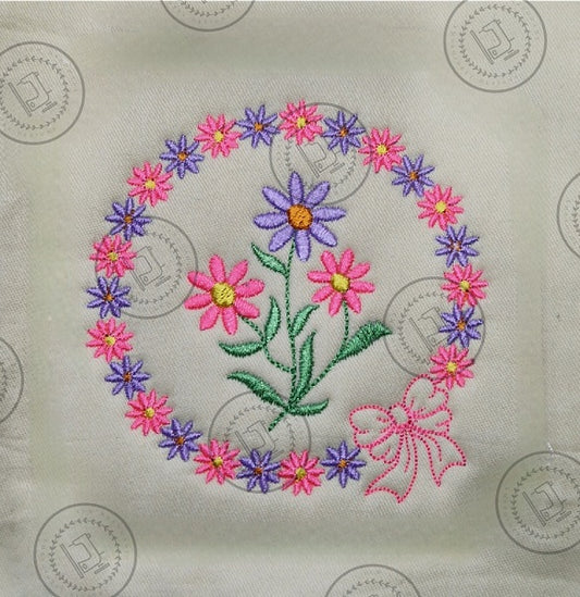 PRETTY LITTLE FLOWER BOW CIRCLE Machine Embroidery Design 4 x 4