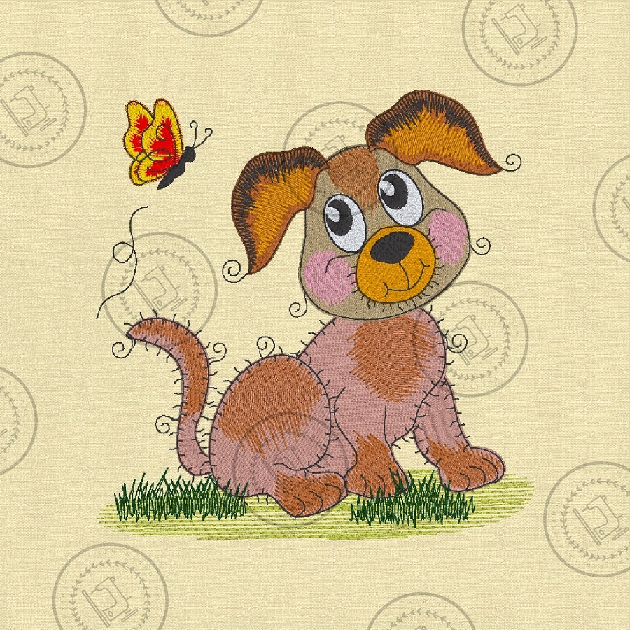 RAGGY PUPPY DOG with BUTTERFLY Machine Embroidery Design