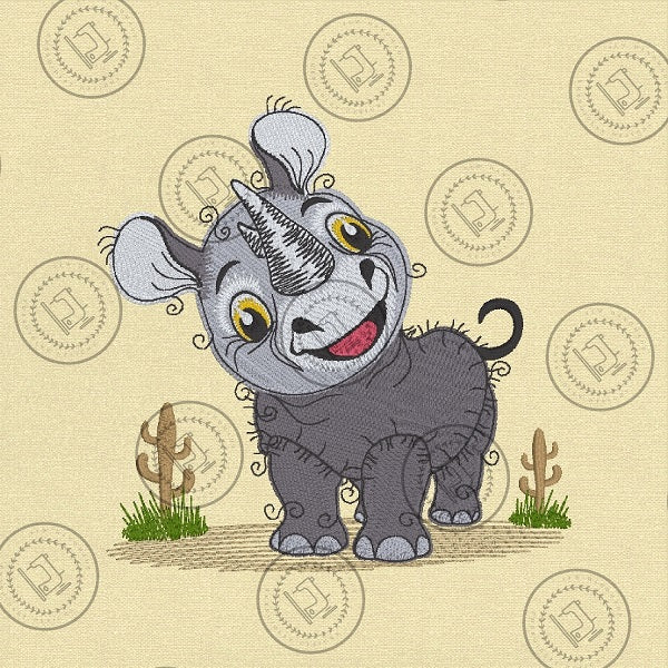 Machine embroidery design of a cute cartoon style rhino rhinoceros with a cheerful expression, large yellow eyes and a big smile. The rhino has whimsical curly details on its body and is stitched in shades of grey, with a prominent horn on its forehead. This adorable rhino stands on a light surface with small patches of green grass and cactus plants on either side.