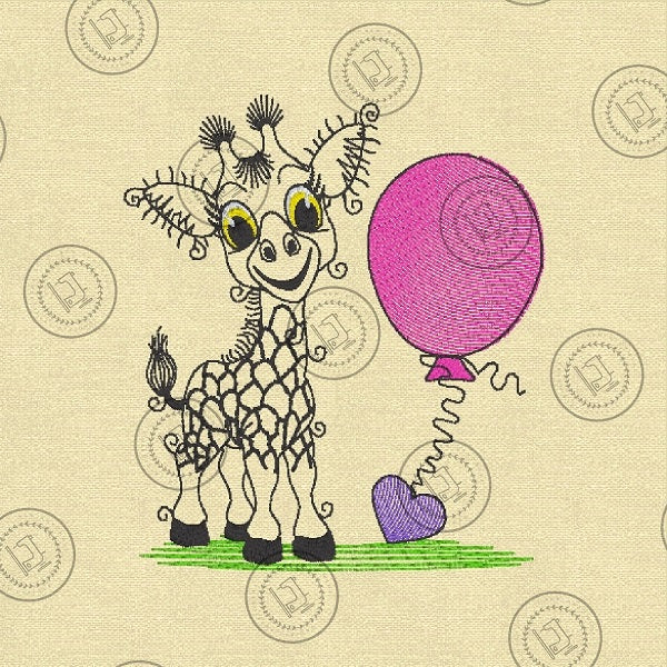 "An embroidered design of a whimsical giraffe with a cheerful expression, featuring exaggerated curly eyelashes and black-patterned spots. The giraffe is standing on a patch of green grass and holding a pink balloon with a curly string tied to a small purple heart."