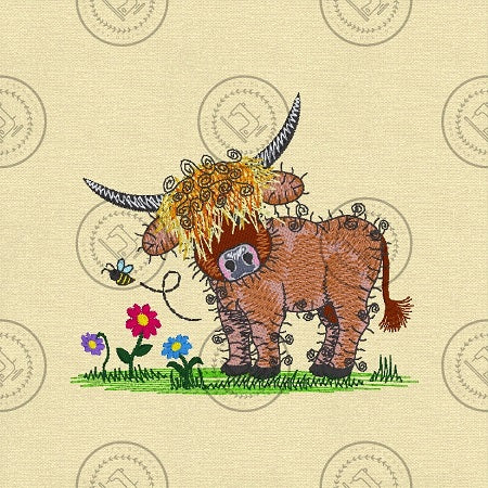 Raggy Highland Bull Cow Digital Machine embroidery design 4.5 x 5
