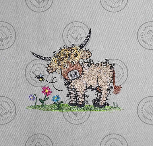 Raggy Highland Bull Cow Machine embroidery design 4.5 x 5
