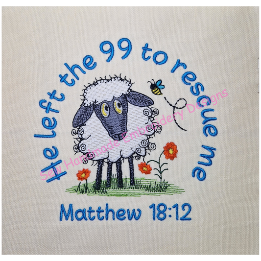 Cute curly raggy sheep standing amidst pretty flowers including a scripture verse - machine embroidery design