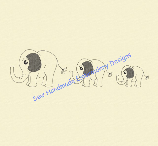 SKETCH ELEPHANT FAMILY Machine Embroidery Design - SEF023 3 x Elephants in a row 4" x 14"