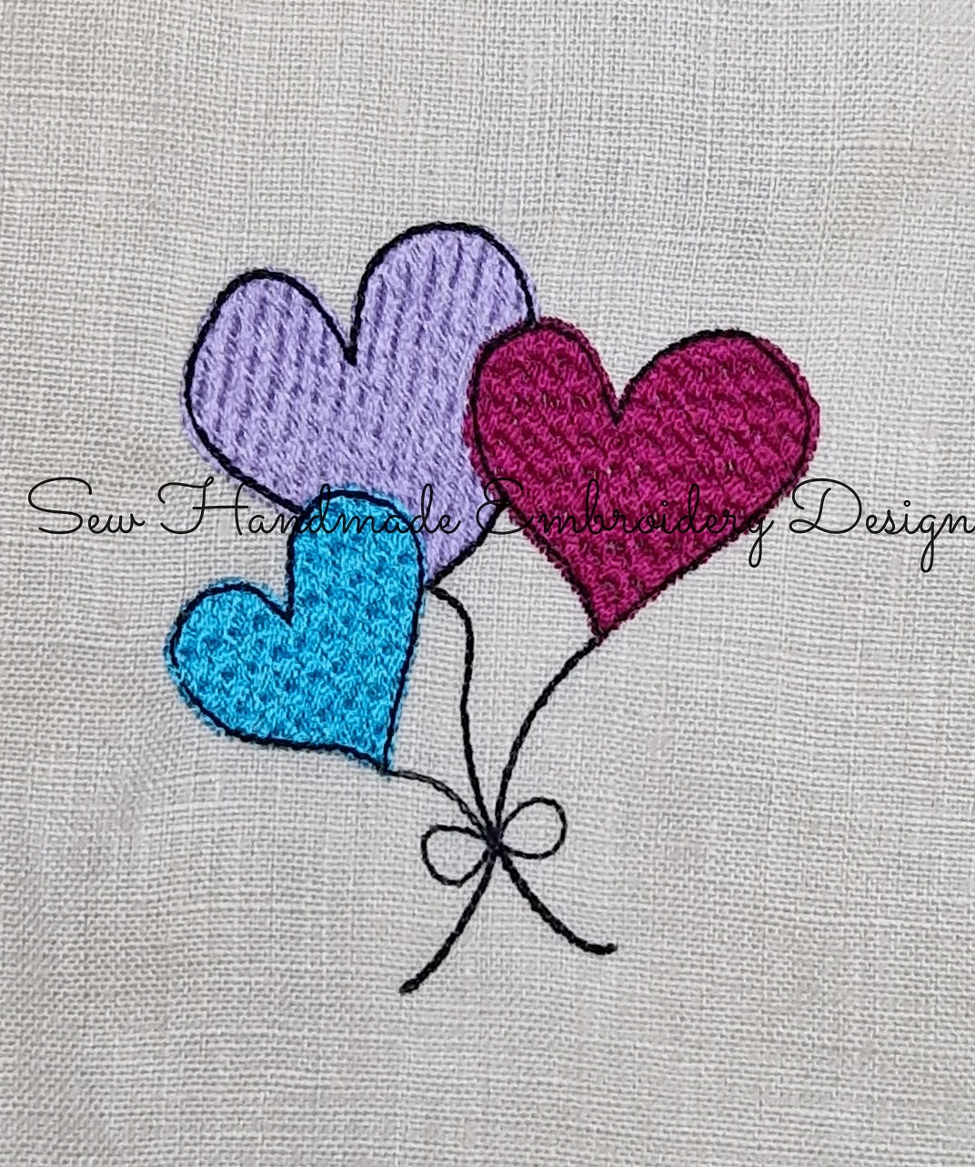 TRIPLE LOVE HEARTS ON STRING Machine Embroidery Design 2.5 x 3
