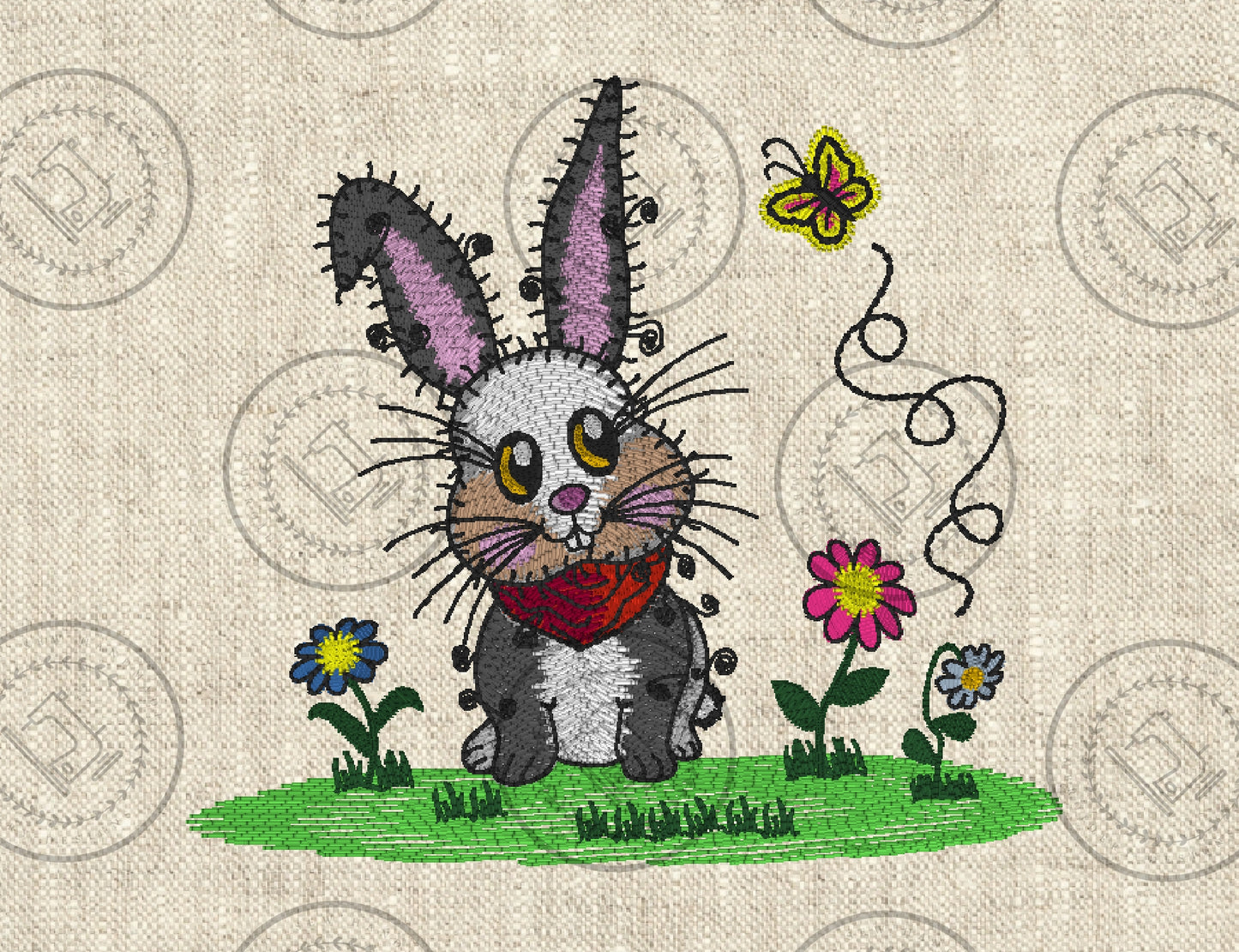A machine embroidery design of a whimsical bunny rabbit sitting on a patch of green grass, with 3 coloured flowers. The rabbit has a textured raggy appearance with stitching details around its ears and body giving it a charming handmade look. It has big eyes with a curious expression, a pink nose and wears a bright red bandana around its neck. To the right of the bunny rabbit, a small yellow and pink butterfly flutters nearby, with a cruly dotted line indicating its flight path.