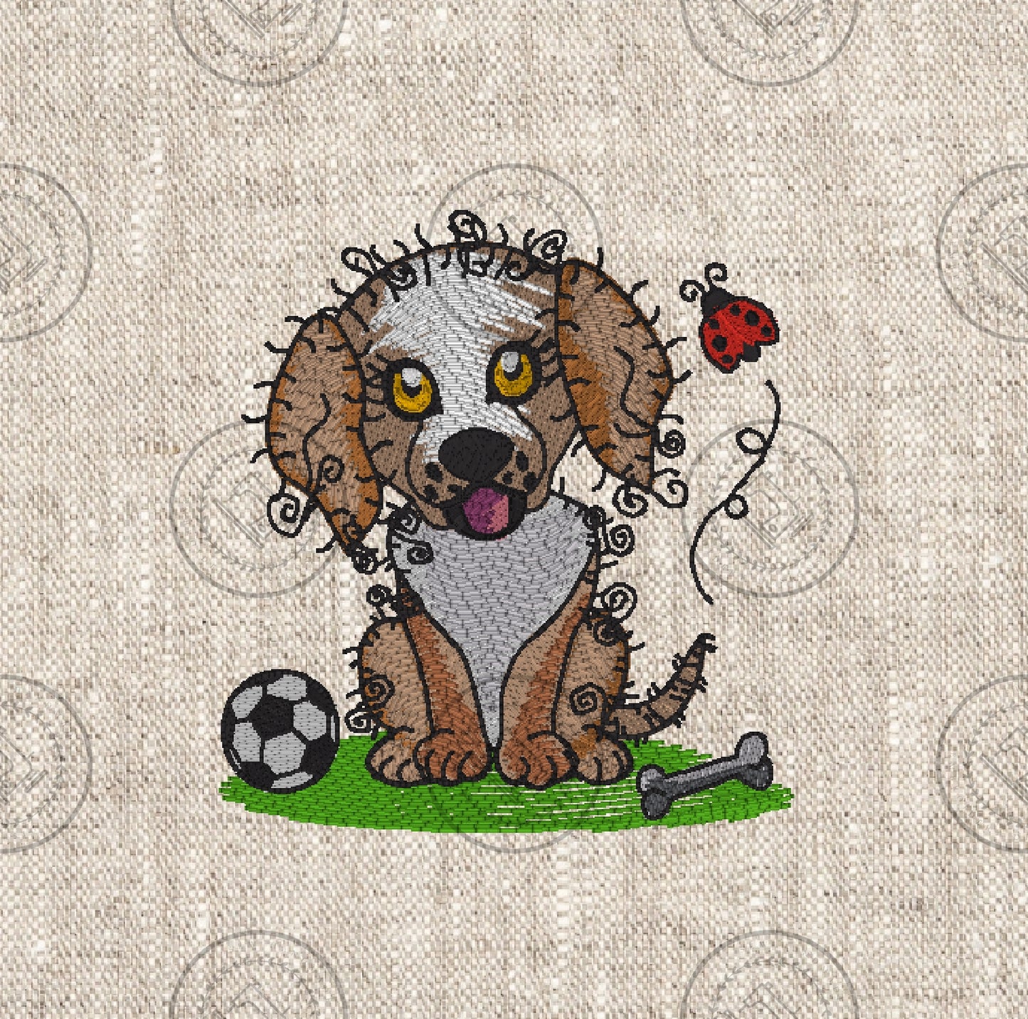 A machine embroidery design of a cute whimsical puppy dog sitting on a patch of green grass. The dog has large expressive yellow and black eyes,a light coloured face with floppy brown ears, with curly sketch-like accents around the edges,giving it a playful adorable look. It's tongue is sticking out adding to its cheerful appearance. There's a bone lying on the grass to one side of the dog and ablack and white football at the dogs right paw and a ed & black ladybird flies near the dogs ear.