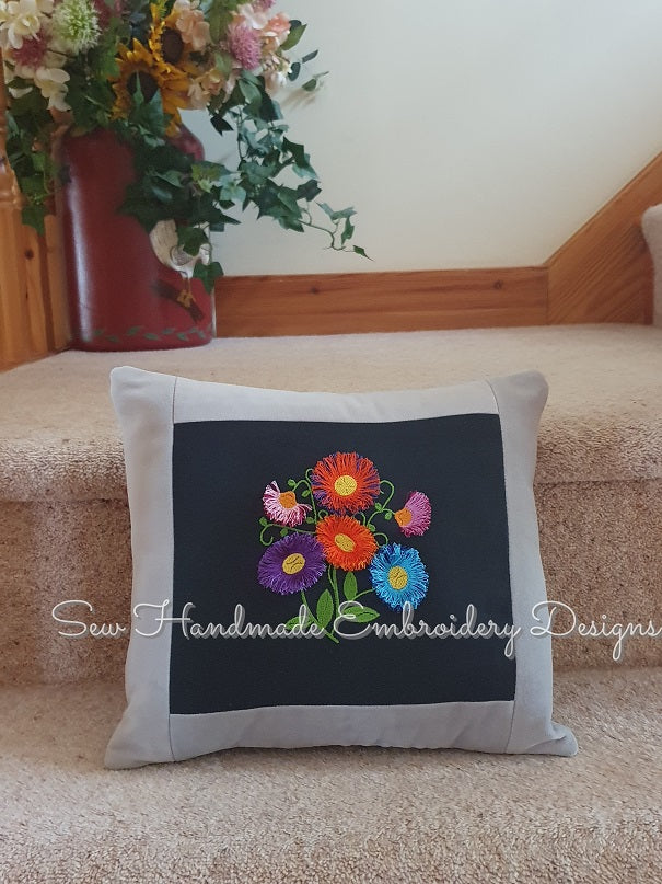 Fringe flowers machine embroidery design homemade cushion