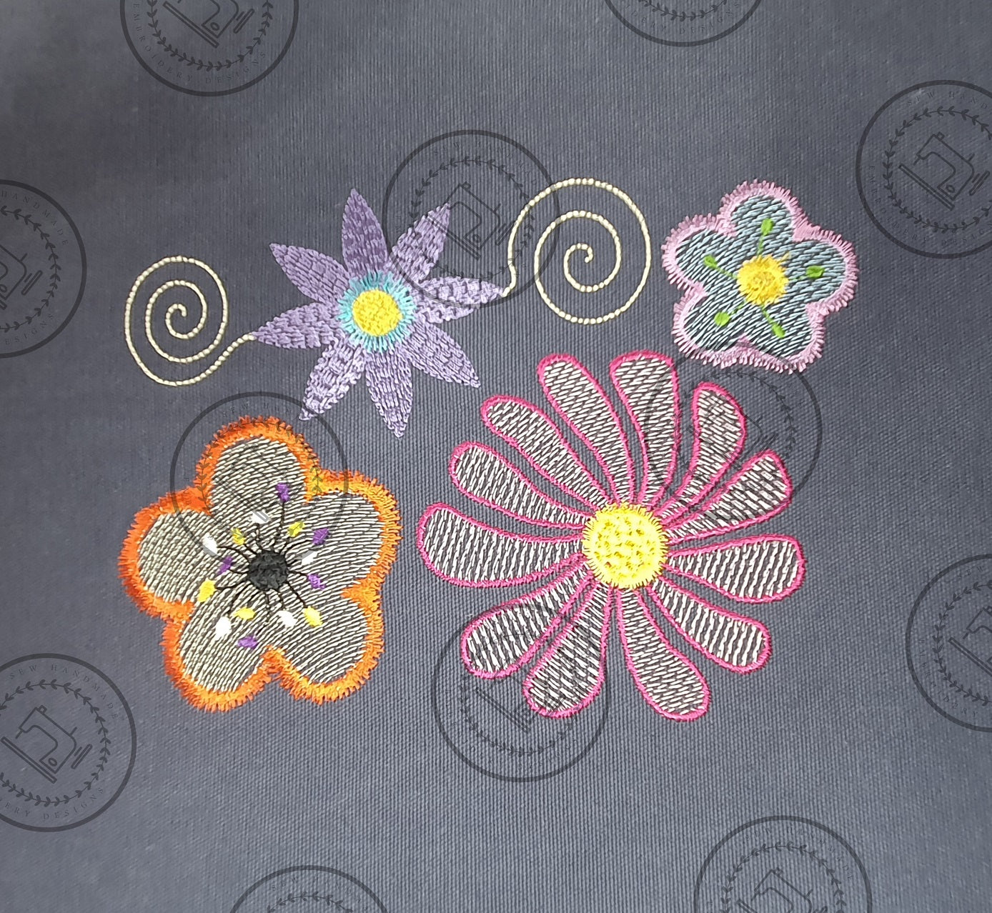 Pretty assorted flowers embroidery design close up
