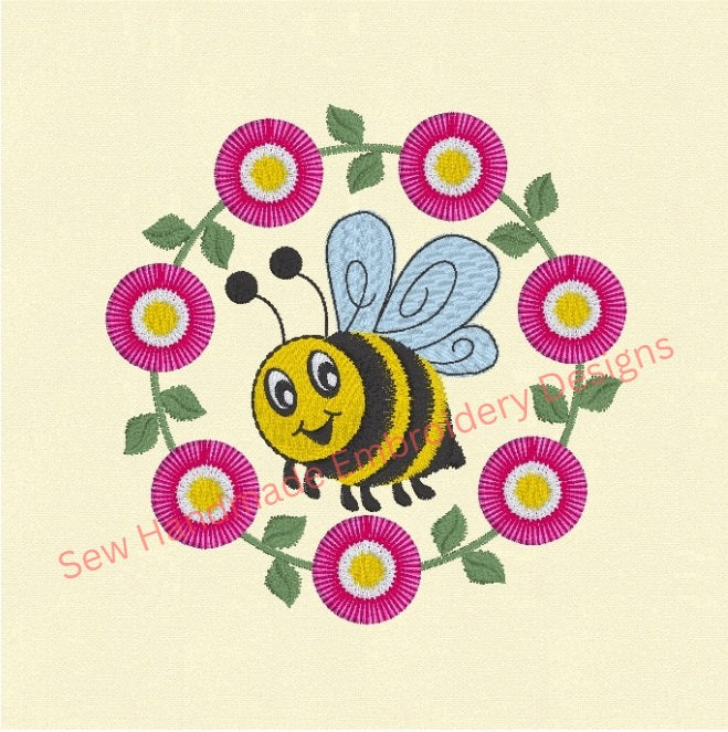 BUMBLE BEE IN FRINGE FLORAL CIRCLE Machine Embroidery Design