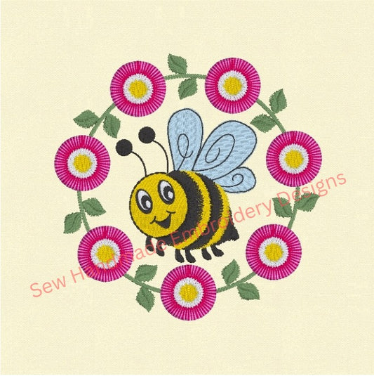BUMBLE BEE IN FRINGE FLORAL CIRCLE Machine Embroidery Design