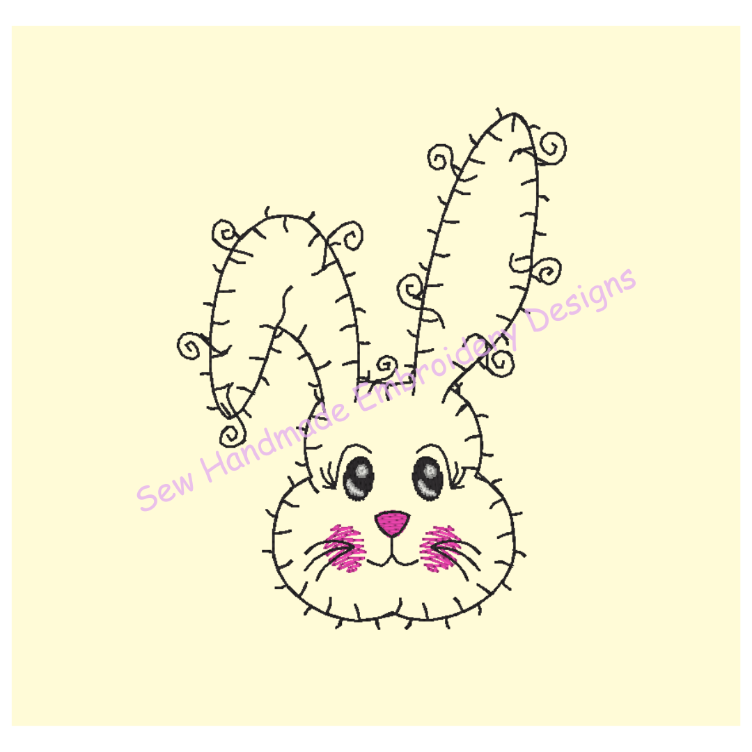 RAGGY BUNNY RABBIT HEAD SKETCH Embroidery Design - RHS023  4 x 3
