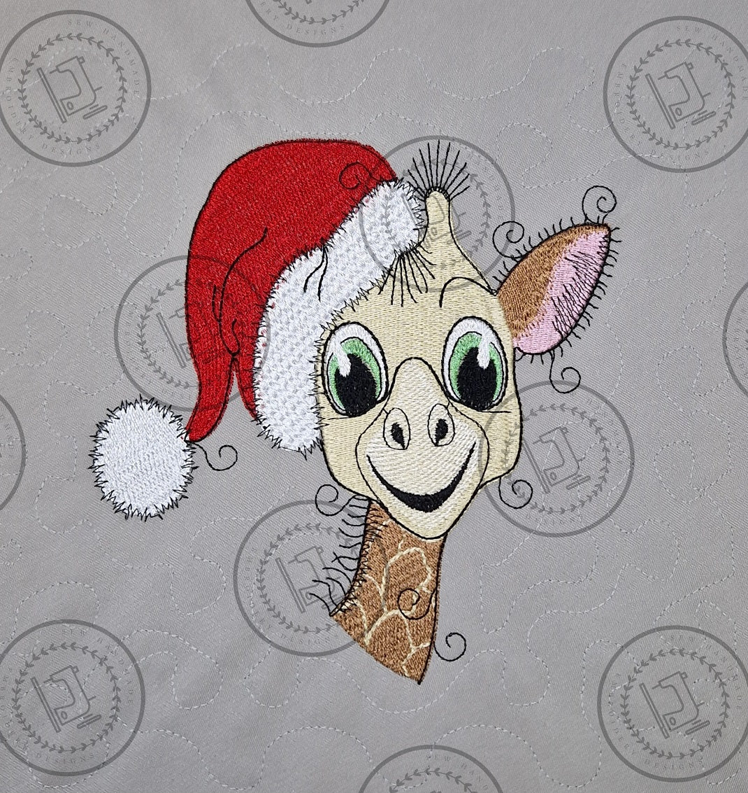 RAGGY GIRAFFE WITH CHRISTMAS HAT Machine Embroidery Design