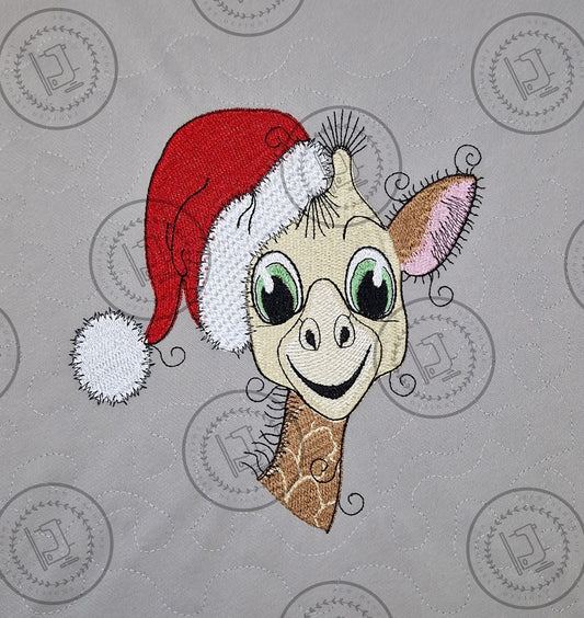 RAGGY GIRAFFE WITH CHRISTMAS HAT Machine Embroidery Design