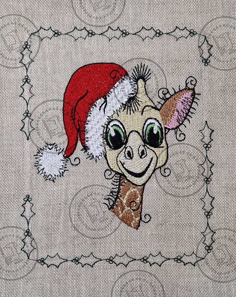 RAGGY GIRAFFE WITH CHRISTMAS HAT Machine Embroidery Design