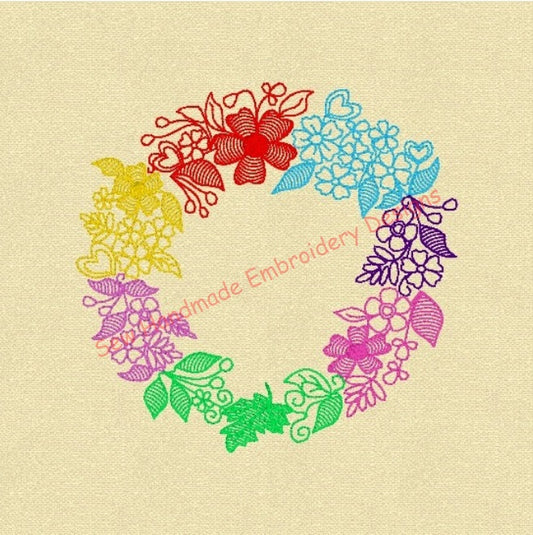 COLOURFUL FLORAL WREATH Machine Embroidery Design - CFW24s   4 x 4