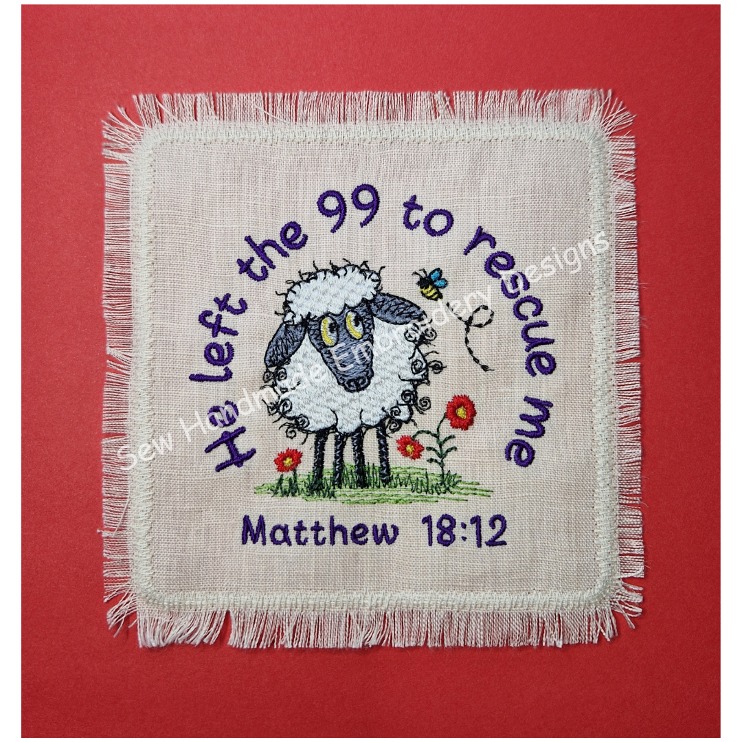 Whimsical sheep watching a bumble bee circle including a Bible verse stitched onto linen fabric