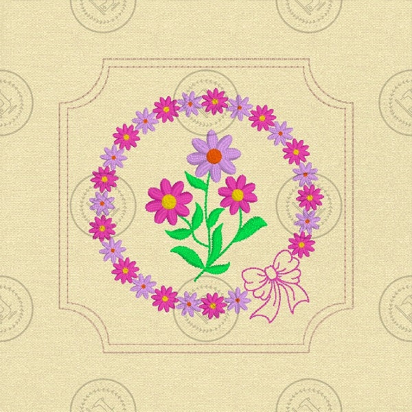 PRETTY FLOWER BOW CIRCLE in SQUARE FRAME with INSET CORNERS PBCF25  4.75 x 4.75