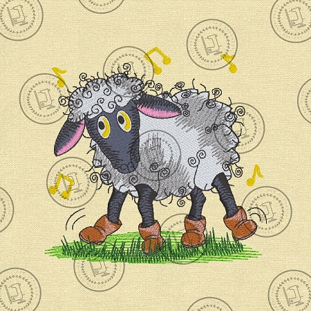 Machine embroidery design of a cute cartoon style fluffy sheep with a cheerful expression, large yellow eyes and floppy ears.  The sheep has whimsical curly details around outline, bendy legs and big brown boots on all 4 legs. This adorable sheep appeasr to be dancing on an area of light green grass amidst darker tufts.  5 music symbols dotted surround the sheep and sketch lines either side in line with the feet, indicate movement to the music. 
