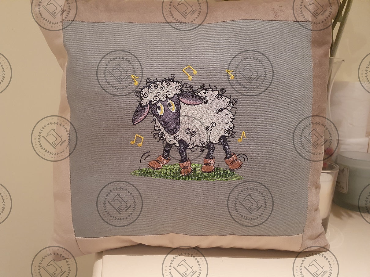 Raggy Dancing Sheep machine embroidery design  5 x 5 handmade cushion close up