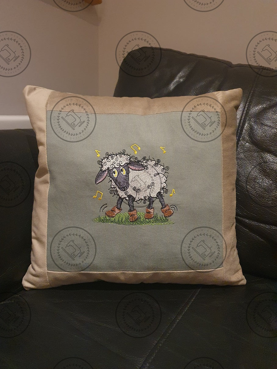 Raggy Dancing Sheep machine embroidery design  5 x 5 handmade cushion