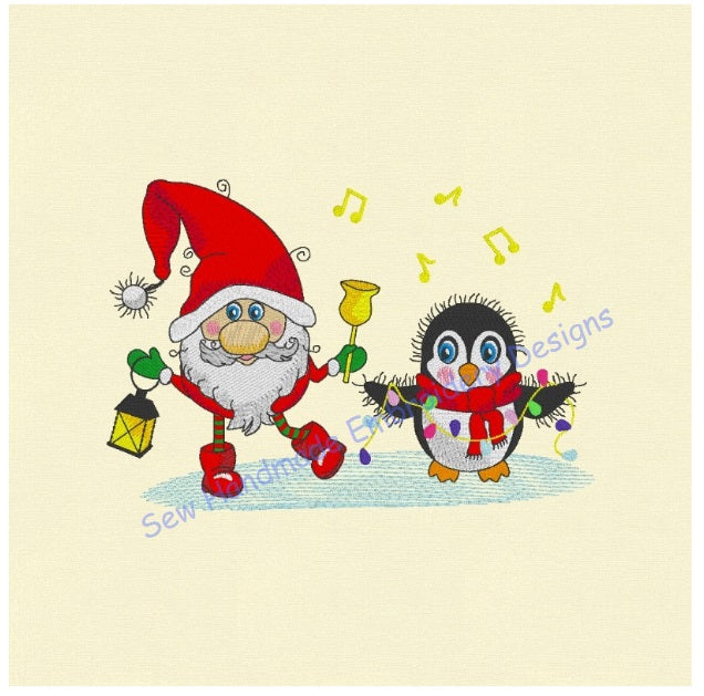 DANCING SANTA AND CHRISTMAS PENGUIN Embroidery Design - DSCP22   8 x 5
