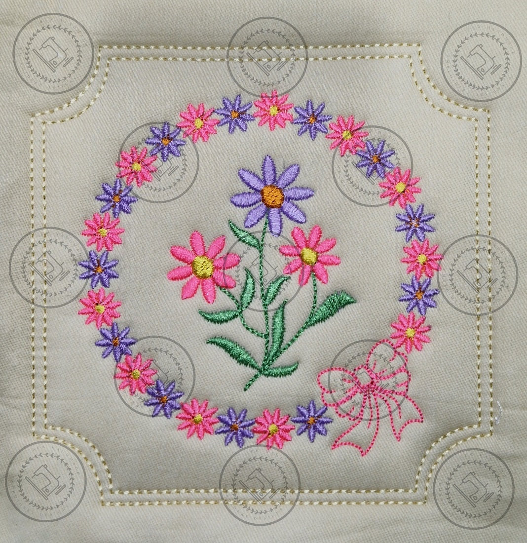 PRETTY FLOWER BOW CIRCLE in SQUARE FRAME with INSET CORNERS PBCF25  4.75 x 4.75