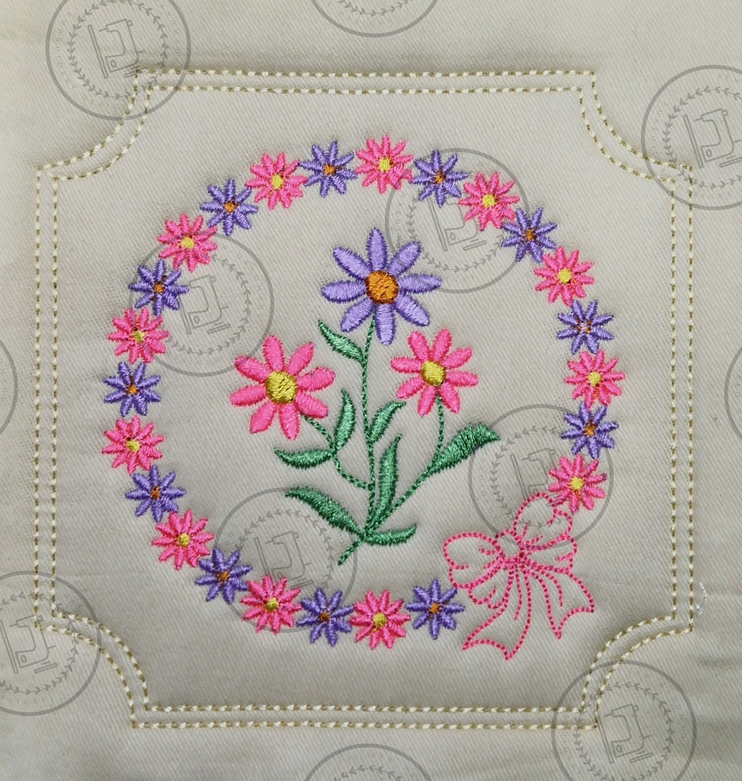 PRETTY FLOWER BOW CIRCLE in SQUARE FRAME with INSET CORNERS PBCF25  4.75 x 4.75