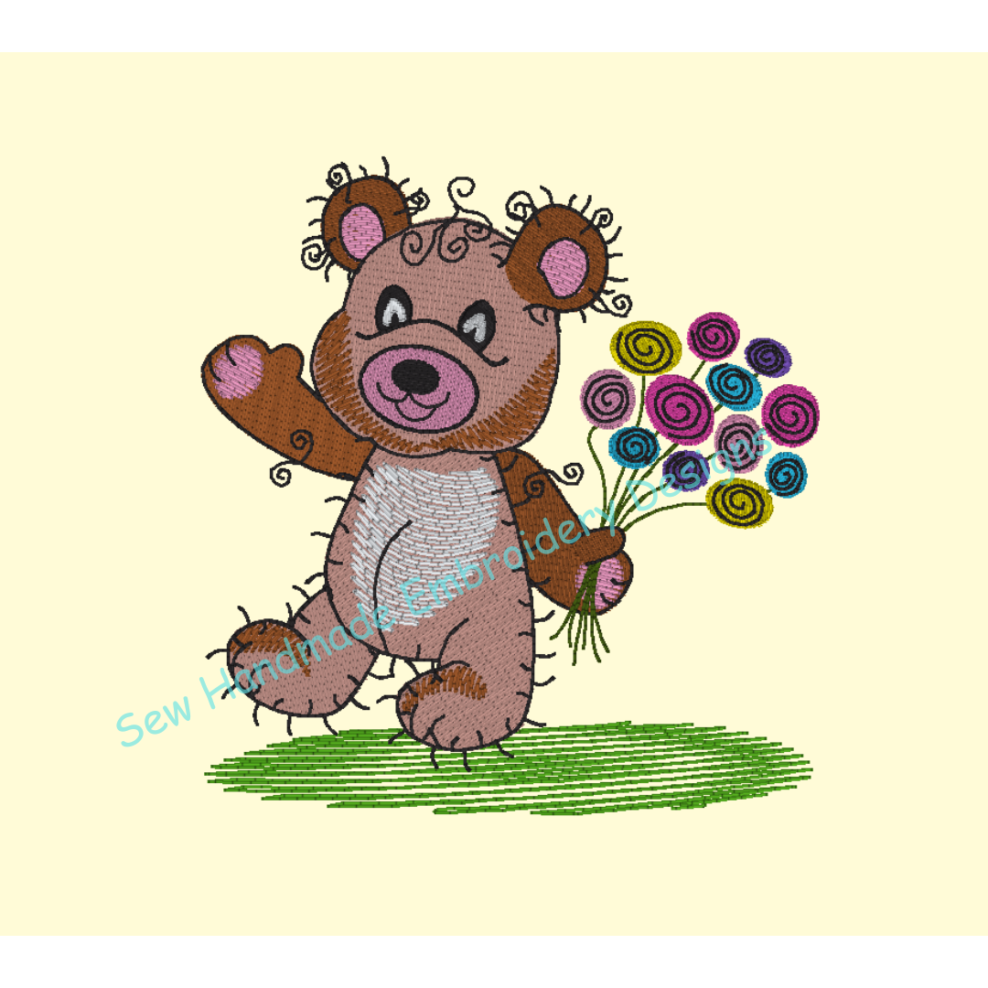 RAGGY FLOWER TEDDY BEAR Machine Embroidery Design
