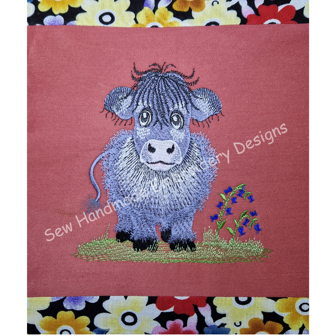 GREY COW IN THE BLUEBELLS Machine Embroidery Design