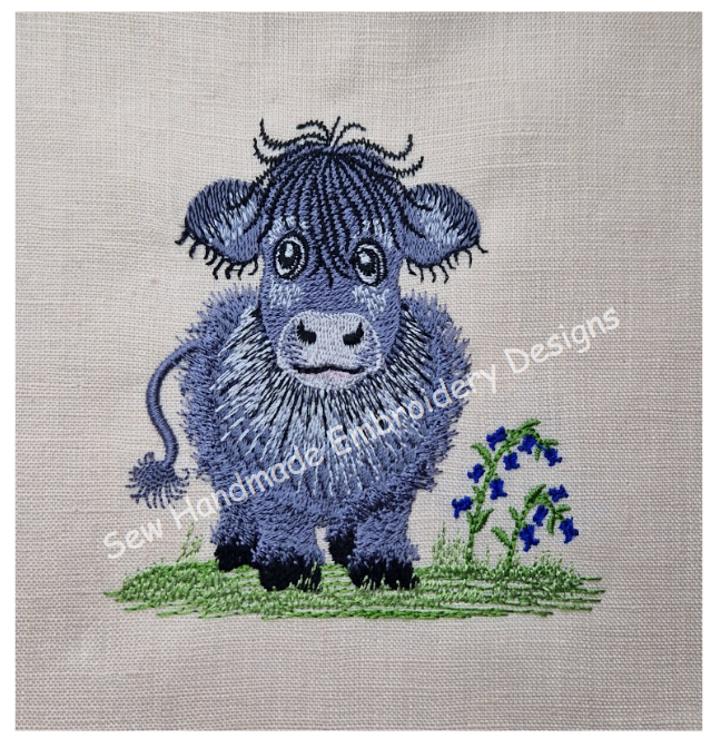 GREY COW IN THE BLUEBELLS Machine Embroidery Design