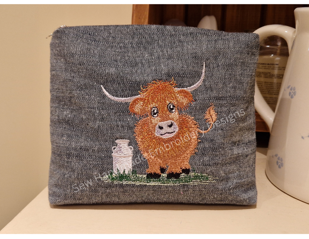 HIGHLAND COW COO with CREAMERY CAN Machine Embroidery Design