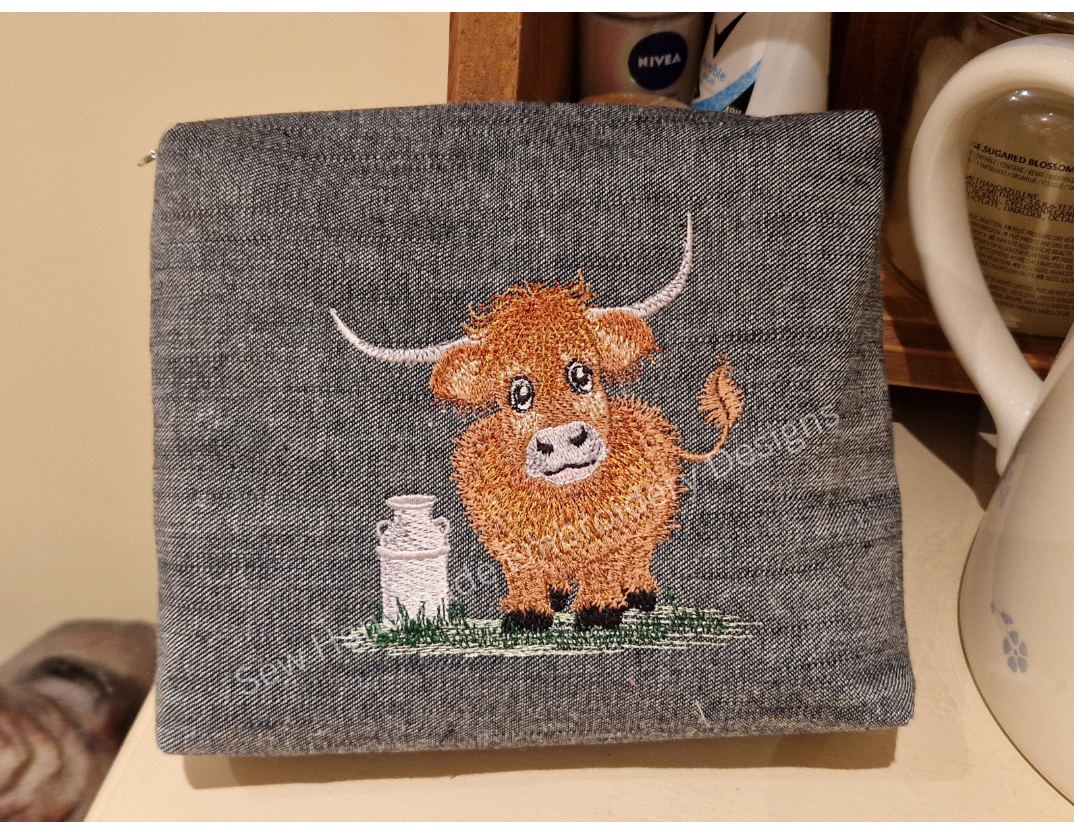 HIGHLAND COW COO with CREAMERY CAN Machine Embroidery Design