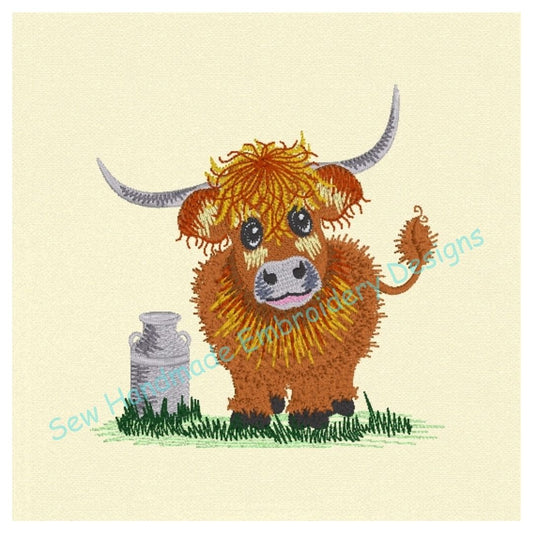 HIGHLAND COW COO with CREAMERY CAN Machine Embroidery Design