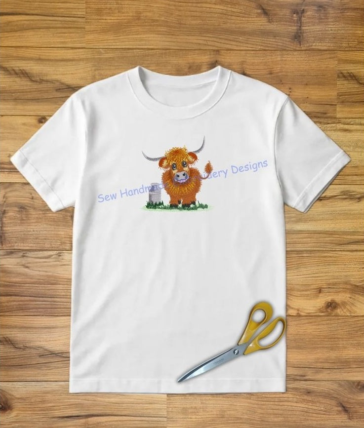 HIGHLAND COW COO with CREAMERY CAN Machine Embroidery Design