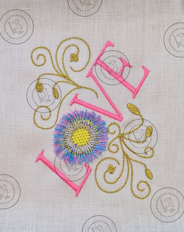 LOVE FRINGE FLOWER WORD ART Machine Embroidery Design