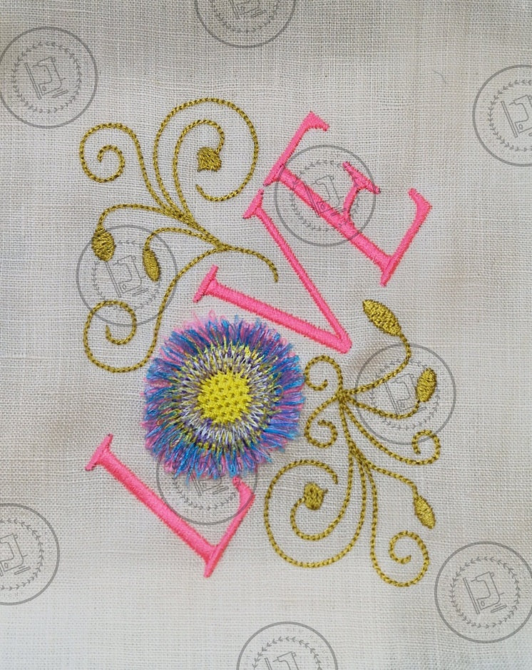 LOVE FRINGE FLOWER WORD ART Machine Embroidery Design