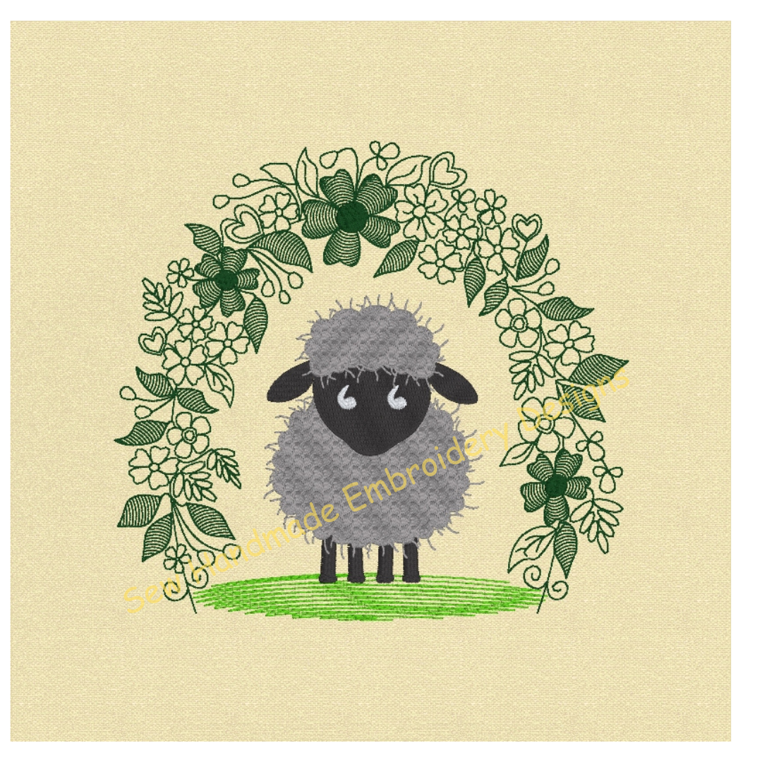 LITTLE SHEEP IN FLORAL ARCH Machine Embroidery Design