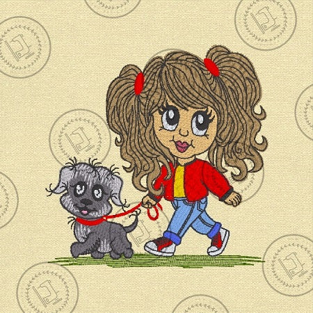 PRETTY GIRL & PUPPY DOG Machine Embroidery Design