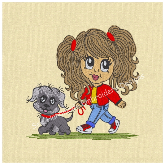 PRETTY GIRL & PUPPY DOG Machine Embroidery Design