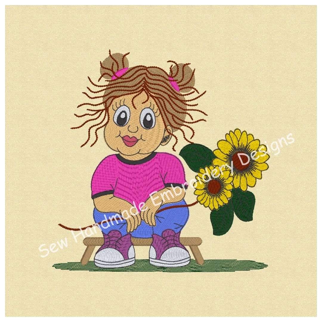 Cute curly haired girl with large sunflower sitting on a stool hown in machine embroidery software