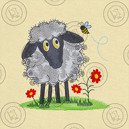 A machine embroidery design of a whimsical fluffy sheep with large expressive eyes, standing on a patch of green grass amongst little red flowers.  A small bumble bee is flying near the sheep with a swirly dotted line, indicating its flight path.  