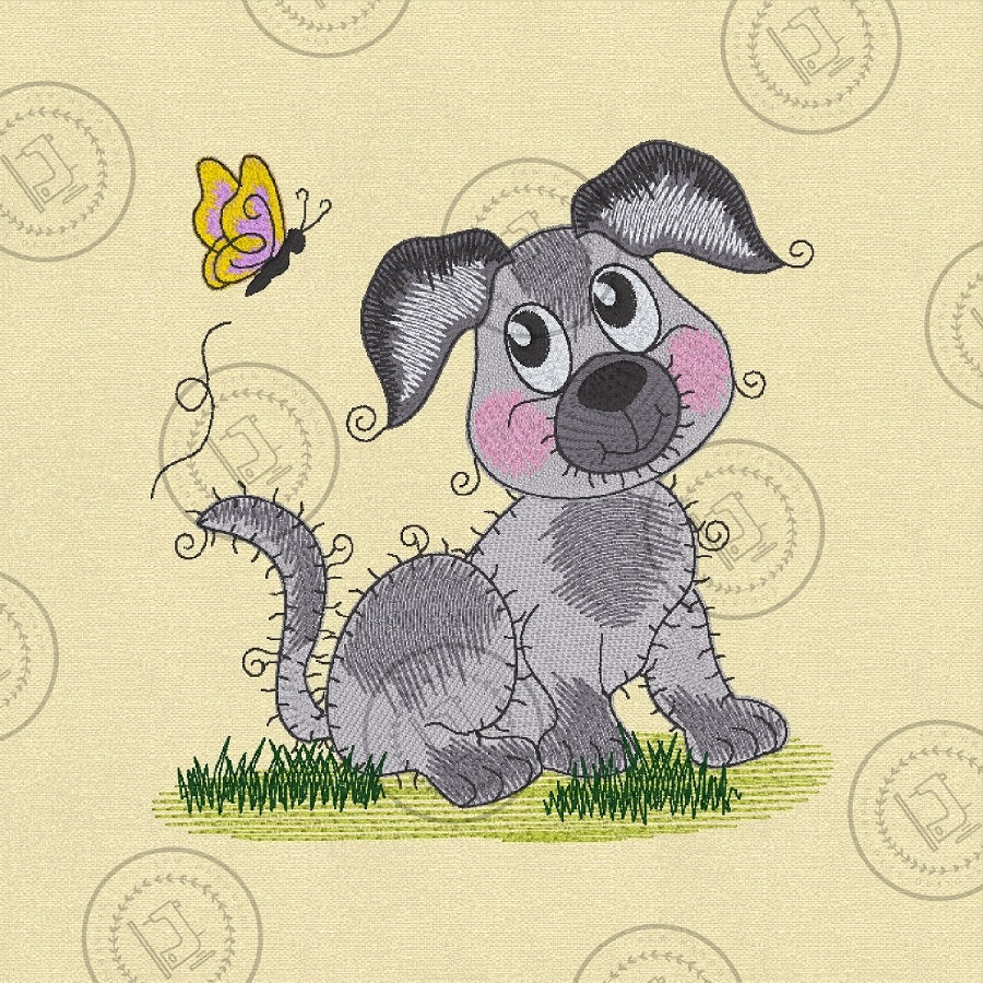 RAGGY PUPPY DOG with BUTTERFLY Machine  Embroidery Design