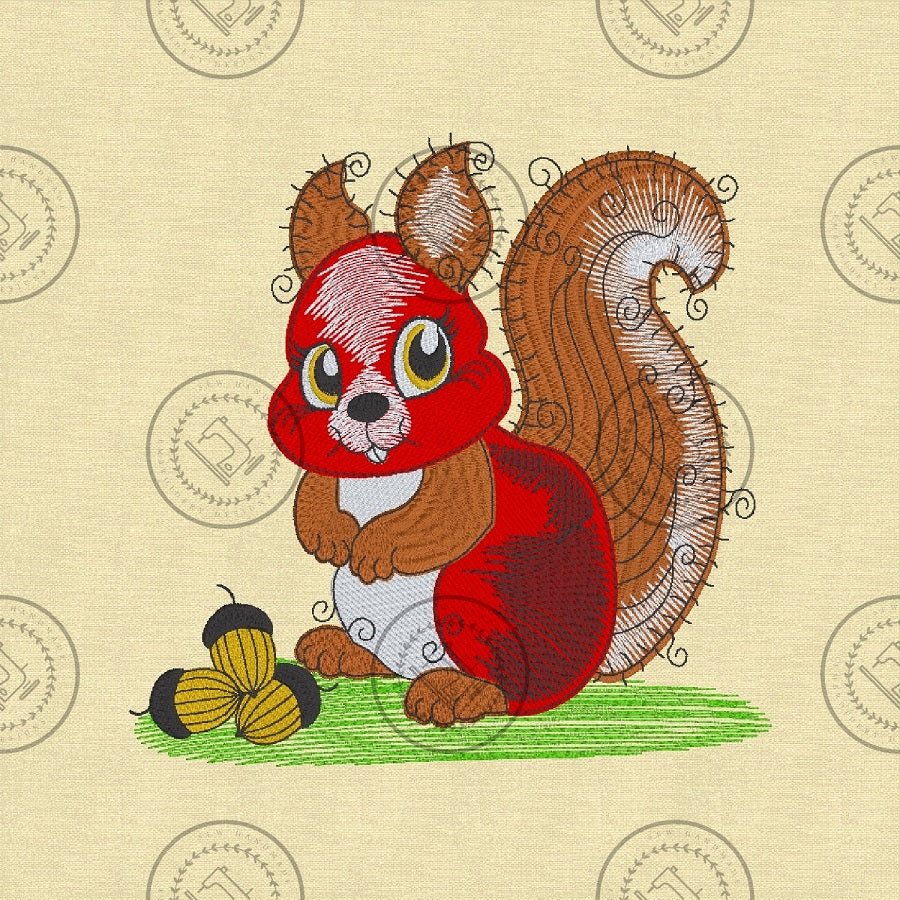 RAGGY SQUIRREL WITH NUTS Machine  Embroidery Design