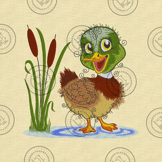 "An embroidered design of a cheerful mallard duck with a vibrant green head, brown and beige body, and yellow beak. The duck is standing in a small blue puddle next to tall cattail reeds, with a whimsical and curly detailing style."