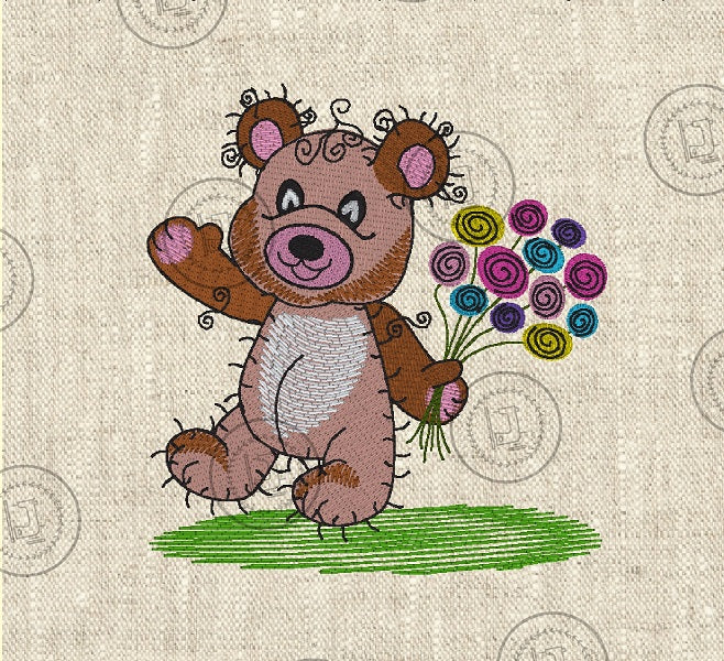 RAGGY FLOWER TEDDY BEAR Machine Embroidery Design