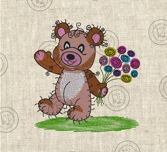 RAGGY FLOWER TEDDY BEAR Machine Embroidery Design