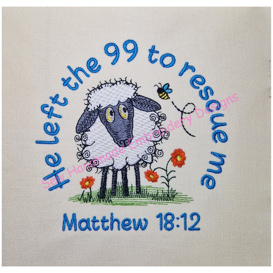Cute curly raggy sheep standing  amidst pretty flowers including a scripture verse - machine embroidery design