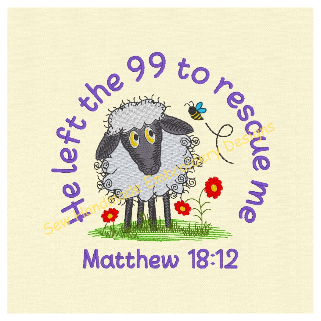 Raggy sheep with a Bible verse as shown in machine embroidery software